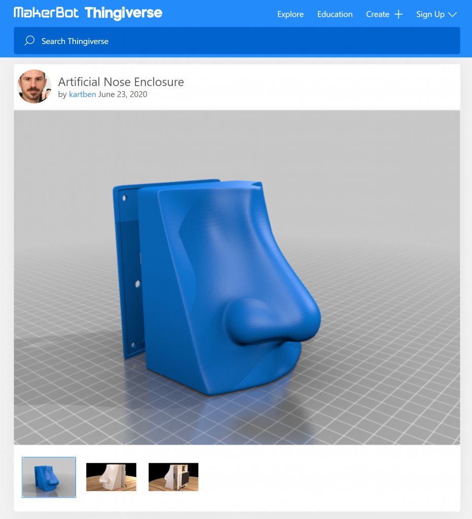 A screen capture from the thingiverse.com website titled "Artificial Nose Enclosure" that show a blue 3D rendering of a nose.